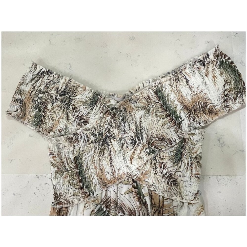 Entro Baby Doll Shirred Sleeveless Off Shoulder Ivory Green Tropical Tunic L NWT - Picture 5 of 10